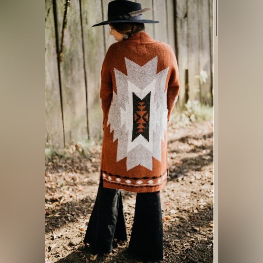 Rust Geo-Pattern Open Front Cardigan Sweater for … - image 4
